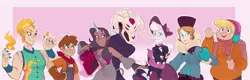 Size: 4096x1312 | Tagged: safe, artist:waackery, derpibooru import, arizona cow, oleander (tfh), paprika paca, pom lamb, tianhuo, velvet reindeer, alpaca, human, them's fightin' herds, bandana, bonnet, clothes, coat, community related, curved horn, ear piercing, earring, elf ears, female, fightin' six, freckles, hat, heart, heart eyes, horn, horned humanization, humanized, jewelry, neckerchief, overalls, piercing, shirt, sweater, wingding eyes, wings