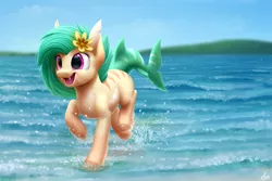 Size: 3000x2000 | Tagged: artist:luminousdazzle, cute, cute little fangs, derpibooru import, fangs, flower, flower in hair, high res, oc, ocean, open mouth, original species, paint tool sai, pale belly, running, safe, seashore, shark, shark pony, solo, unofficial characters only