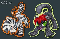 Size: 1000x652 | Tagged: safe, artist:kabukihomewood, derpibooru import, oc, oc:reddfurr, ponified, unofficial characters only, big cat, jaguar (animal), pony, zebra, zebrasus, badge, blushing, con badge, duo, duo male, gray background, handstand, looking at you, male, open mouth, simple background, smiling, traditional art, upside down