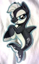 Size: 293x477 | Tagged: artist:kabukihomewood, badge, con badge, derpibooru import, female, grin, irl, merpony, oc, orca, orca pony, original species, photo, safe, smiling, solo, traditional art, unofficial characters only