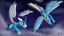 Size: 3840x2160 | Tagged: safe, artist:tenebrisnoctus, derpibooru import, rainbow dash, soarin', pegasus, pony, clothes, female, flying, looking at each other, male, mare, night, shipping, sky, soarindash, stallion, straight, uniform, wonderbolts uniform