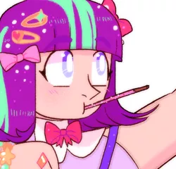 Size: 556x534 | Tagged: alternate hairstyle, artist:stevetwisp, bowtie, derpibooru import, female, food, human, humanized, pocky, safe, solo, starlight glimmer