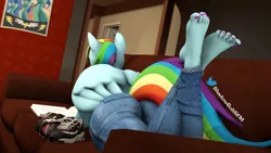 Size: 2880x1620 | Tagged: 3d, anthro, artist:shadowboltsfm, barefoot, book, clothes, couch, derpibooru import, feet, feet up, female, foot focus, high res, jeans, lying down, nail polish, pants, pegasus, plantigrade anthro, poster, rainbow dash, reading, safe, shoes, shoes off, source filmmaker, toenail polish, wings