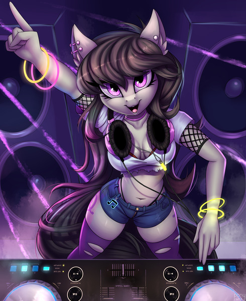 Size: 1800x2204 | Tagged: safe, artist:pony-way, derpibooru import, octavia melody, anthro, earth pony, belly button, breasts, clothes, cutie mark accessory, disc jockey, ear piercing, female, fishnets, glow rings, implied vinyl scratch, industrial piercing, looking at you, mare, midriff, open mouth, panties, personality swap, piercing, ripped stockings, rocktavia, role reversal, solo, speakers, thong, turntable, underwear