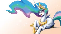 Size: 3840x2160 | Tagged: safe, artist:johnjoseco, derpibooru import, princess celestia, alicorn, pony, ask gaming princess luna, beautiful, bedroom eyes, best princess, blushing, crown, ethereal mane, female, flowing mane, folded wings, high res, hoof shoes, jewelry, looking at you, lying down, mare, multicolored mane, multicolored tail, open mouth, peytral, prone, regalia, solo, sparkles, wallpaper, wingding eyes, wings