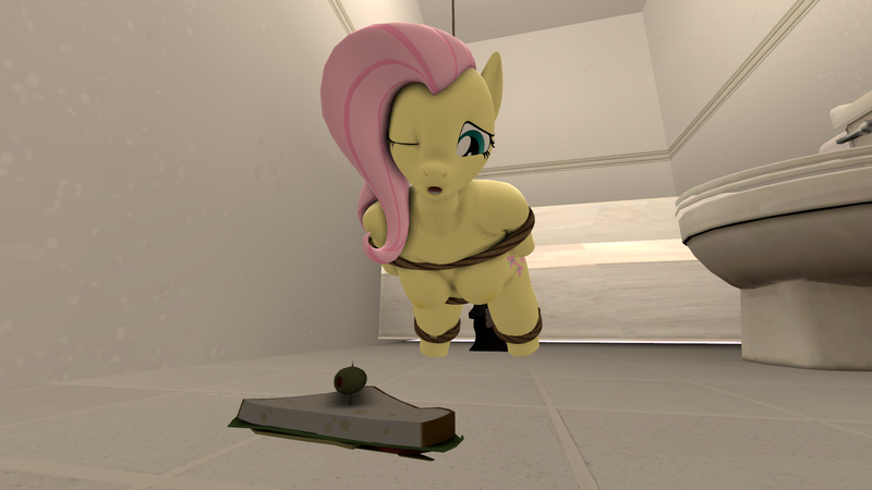 Size: 1920x1080 | Tagged: questionable, artist:wangdachui, derpibooru import, fluttershy, anthro, bat pony, series:in bathroom, 3d, arm behind back, bathroom, bathtub, bondage, box tied, breasts, busty fluttershy, clipping, clipping error, female, flutterbat, food, fucking machine, machine, nipples, nudity, one eye closed, open mouth, race swap, rope, sandwich, solo, solo female, source filmmaker, story included, suspended, tied up, toilet, toilet paper roll