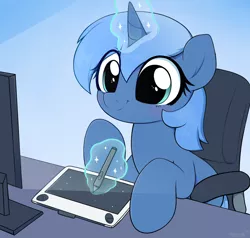 Size: 3000x2855 | Tagged: source needed, safe, artist:moozua, derpibooru import, oc, oc:double colon, unofficial characters only, pony, unicorn, blushing, cel shading, chair, commission, computer screen, cute, drawing, drawing tablet, female, gradient background, image, looking at something, magic, mare, no source available, ocbetes, png, shading, signature, sitting, smiling, solo, stylus, table, telekinesis, wacom, wacom tablet