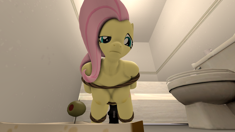 Size: 1920x1080 | Tagged: questionable, artist:wangdachui, derpibooru import, fluttershy, anthro, bat pony, series:in bathroom, 3d, arm behind back, bathroom, bathtub, bondage, box tied, breasts, busty fluttershy, confluttershy, confused, female, flutterbat, food, fucking machine, knee tied, machine, nipples, nudity, race swap, rope, sandwich, solo, solo female, source filmmaker, story included, suspended, tied up, toilet, toilet paper roll