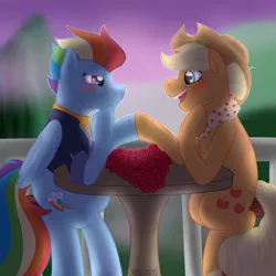 Size: 2000x2000 | Tagged: safe, artist:mikeyboo, derpibooru import, applejack, rainbow dash, earth pony, pegasus, pony, the last problem, appledash, cute, date, female, granny smith's scarf, hearts and hooves day, lesbian, love, mare, married, older, older applejack, older rainbow dash, shipping