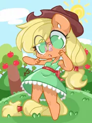 Size: 480x640 | Tagged: safe, artist:babyespurr, derpibooru import, applejack, anthro, butterfly, apple, apple tree, butterfly on nose, clothes, cowboy hat, cute, dress, eye clipping through hair, female, food, hat, insect on nose, jackabetes, no pupils, panties, panty shot, skirt, solo, sun, tree, underwear, upskirt