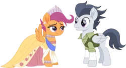 Size: 2758x1500 | Tagged: safe, artist:cloudyglow, derpibooru import, rumble, scootaloo, pegasus, pony, anastasia, clothes, crossover, don bluth, dress, duo, ear piercing, earring, female, jewelry, looking at each other, male, mare, movie accurate, older, older rumble, older scootaloo, piercing, rumbloo, shipping, simple background, stallion, straight, tomboy taming, transparent background