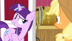 Size: 1280x720 | Tagged: safe, derpibooru import, screencap, applejack, starlight glimmer, earth pony, unicorn, harvesting memories, spoiler:harvesting memories, spoiler:mlp friendship is forever, female, implied twilight sparkle, mane swap, mare, sweet apple acres