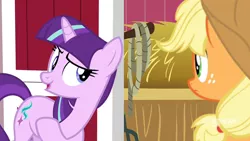 Size: 1280x720 | Tagged: safe, derpibooru import, screencap, applejack, starlight glimmer, earth pony, unicorn, harvesting memories, spoiler:harvesting memories, spoiler:mlp friendship is forever, female, implied twilight sparkle, mane swap, mare, sweet apple acres