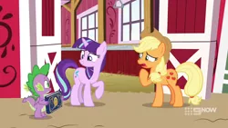 Size: 1280x720 | Tagged: safe, derpibooru import, screencap, applejack, spike, starlight glimmer, earth pony, unicorn, harvesting memories, spoiler:harvesting memories, spoiler:mlp friendship is forever, female, implied twilight sparkle, mane swap, mare, sweet apple acres