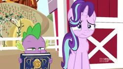 Size: 1280x720 | Tagged: safe, derpibooru import, screencap, spike, starlight glimmer, unicorn, harvesting memories, spoiler:harvesting memories, spoiler:mlp friendship is forever, female, mare, sweet apple acres