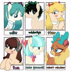 Size: 1080x1080 | Tagged: safe, artist:emeriss96, derpibooru import, coco pommel, velvet reindeer, ponified, deer, earth pony, pony, reindeer, six fanarts, them's fightin' herds, bust, choker, clothes, community related, crossover, d.va, eyelashes, female, grin, hatsune miku, headset, izuku midoriya, looking up, male, mare, meme, my hero academia, necktie, overwatch, ponified meme, simple background, smiling, stallion, star butterfly, star vs the forces of evil, vocaloid, white background