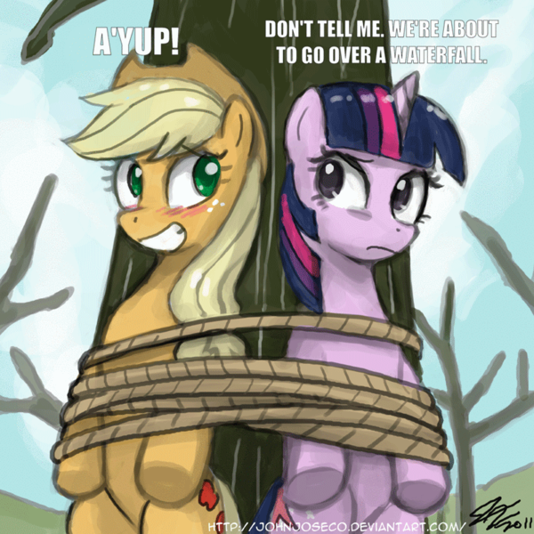 Size: 800x800 | Tagged: safe, artist:johnjoseco, derpibooru import, edit, applejack, twilight sparkle, earth pony, pony, unicorn, ask gaming princess luna, secret of my excess, adobe imageready, blushing, bondage, dialogue, duo, female, looking at each other, mare, rope, scene interpretation, the emperor's new groove, tied up, tree, unicorn twilight