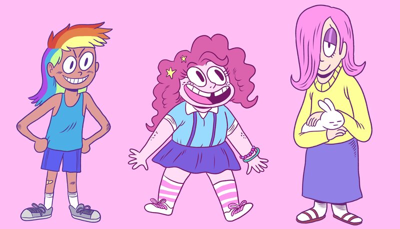 Size: 4096x2346 | Tagged: artist:spirantel, bracelet, clothes, converse, derpibooru import, fluttershy, hair over one eye, human, humanized, jewelry, pinkie pie, rainbow dash, safe, sandals, shirt, shoes, shorts, skirt, socks, socks with sandals