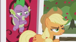 Size: 1280x720 | Tagged: safe, derpibooru import, screencap, applejack, spike, dragon, earth pony, pony, harvesting memories, spoiler:harvesting memories, spoiler:mlp friendship is forever, 9now, apple, apple tree, applejack is not amused, applejack's hat, baby, baby dragon, claws, cowboy hat, crossed arms, cute, cute little fangs, duo, fangs, female, flying, food, freckles, hat, mare, narrowed eyes, ponytail, raised eyebrow, raised hoof, spike is not amused, stetson, sweet apple acres, sweet apple acres barn, toes, tree, unamused