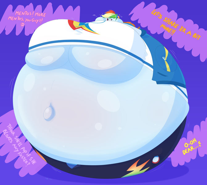 Size: 2280x2040 | Tagged: suggestive, artist:necrofeline, derpibooru import, rainbow dash, equestria girls, belly, belly button, big belly, big breasts, breasts, burp, carbonation, female, huge belly, huge breasts, imminent popping, impossibly large belly, impossibly large breasts, inflation, mentos and diet coke, midriff, near bursting, outie belly button, solo, solo female, underboob
