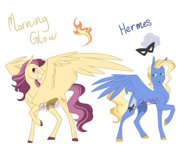 Size: 2360x1910 | Tagged: safe, artist:parrpitched, deleted from derpibooru, derpibooru import, oc, oc:hermes, oc:morning glow, pegasus, pony, magical lesbian spawn, male, offspring, parent:fluttershy, parent:rarity, parent:spitfire, parent:trixie, parents:rarifire, parents:trixieshy, simple background, stallion, transparent background, watermark