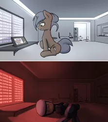 Size: 1920x2160 | Tagged: semi-grimdark, artist:triplesevens, derpibooru import, oc, unofficial characters only, unicorn, apartment, before and after, calling, comic, crying, fetal position, hazmat suit, implied death, lying down, male, screen, sitting, stallion, tablet, video call