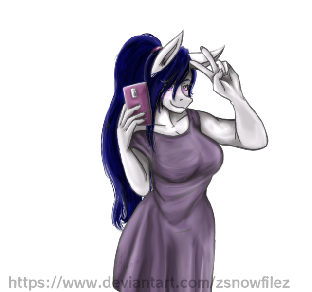 Size: 858x803 | Tagged: safe, artist:zsnowfilez, derpibooru import, oc, oc:belladonna nightshade, unofficial characters only, anthro, earth pony, anthro oc, clothes, dress, female, mare, peace sign, selfie, simple background, solo, transparent background