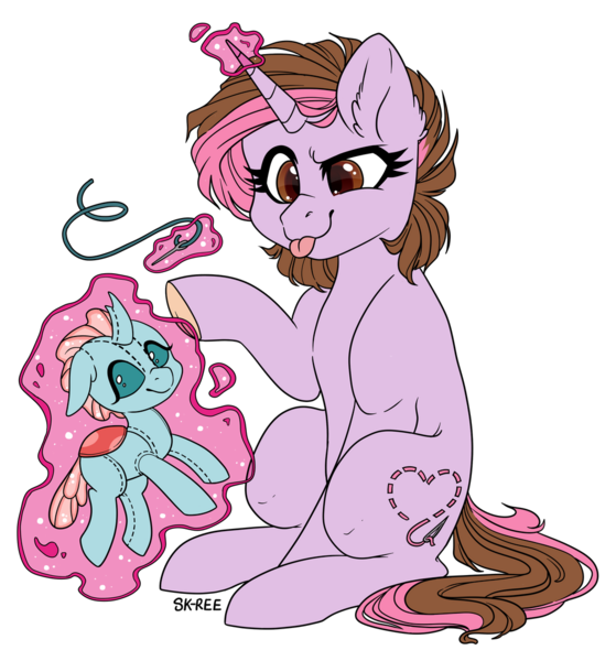 Size: 1024x1100 | Tagged: safe, artist:sk-ree, derpibooru import, ocellus, oc, pony, unicorn, female, magic, mare, needle, plushie, sewing needle, simple background, tongue out, transparent background