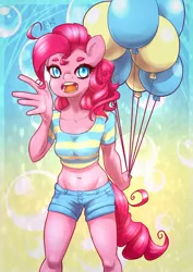 Size: 900x1273 | Tagged: 2010s, 2014, anthro, artist:lizzyoli-ravioli, balloon, belly button, blue eyes, breasts, bubble, clothes, denim shorts, derpibooru import, exposed belly, happy, midriff, pink fur, pinkie pie, pink mane, safe, shirt, shorts, short shirt, t-shirt