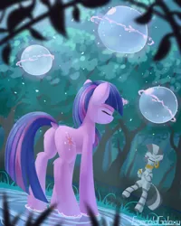 Size: 2000x2500 | Tagged: safe, artist:emeraldgalaxy, derpibooru import, twilight sparkle, zecora, pony, unicorn, zebra, magic duel, bipedal, butt, dock, duo, ear piercing, earring, everfree forest, eyes closed, female, hooves together, hydrokinesis, jewelry, leg fluff, magic, magic aura, mare, meditating, mentoring, mohawk, neck rings, piercing, plot, scene interpretation, shaman, standing, standing on one leg, standing on water, stress relief, telekinesis, training, tree, unicorn twilight, water