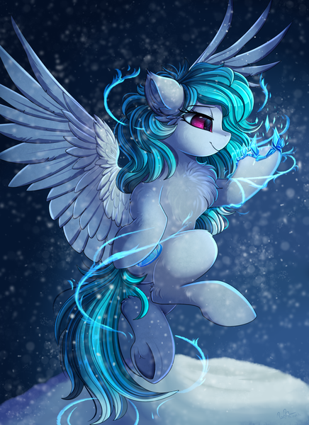 Size: 2550x3509 | Tagged: safe, artist:pridark, derpibooru import, oc, pegasus, pony, chest fluff, commission, female, flying, ice, magic, mare, smiling, snow, solo