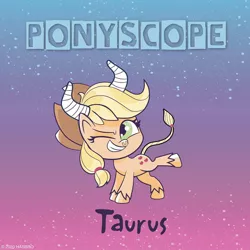 Size: 1080x1080 | Tagged: safe, derpibooru import, official, applejack, earth pony, pony, my little pony: pony life, horoscope, nose piercing, nose ring, one eye closed, piercing, ponyscopes, solo, taurus, wink