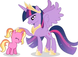 Size: 6147x4500 | Tagged: safe, artist:limedazzle, derpibooru import, luster dawn, twilight sparkle, twilight sparkle (alicorn), alicorn, pony, unicorn, absurd resolution, crown, cute, cutie mark, ethereal mane, female, filly, filly luster dawn, hoof shoes, jewelry, mare, older, older twilight, regalia, simple background, smiling, starry mane, transparent background, younger