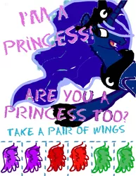 Size: 1111x1437 | Tagged: safe, artist:pixelkitties, derpibooru import, edit, princess luna, alicorn, pony, crayon, crayon drawing, female, flyer, green wings, i'm a princess are you a princess too?, mare, pointing, purple wings, recolor, red wings, smiling, text, traditional art, wings