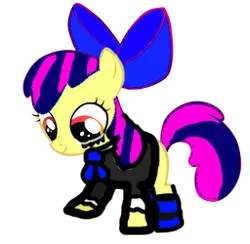 Size: 256x250 | Tagged: safe, derpibooru import, apple bloom, earth pony, pony, anarchy stocking, bow, clothes, costume, female, filly, gothic lolita, hair bow, looking down, mare, outfit, panty and stocking with garterbelt, ponies wearing clothing, recolor, simple background, smiling, socks, solo, transparent background
