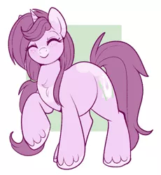 Size: 767x835 | Tagged: safe, artist:lulubell, derpibooru import, oc, oc:mulberry tart, unofficial characters only, pony, unicorn, chest fluff, chubby, eyes closed, female, freckles, mare, solo, unshorn fetlocks