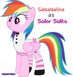 Size: 608x638 | Tagged: clothes, derpibooru import, female, mare, not rainbow dash, oc, oc:salsalselina, outfit, pegasus, ponies wearing clothing, recolor, safe, sailor lolita, shoes, smiling, socks, text