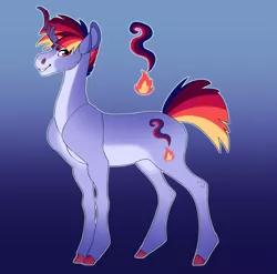 Size: 3175x3134 | Tagged: safe, artist:turnipberry, deleted from derpibooru, derpibooru import, oc, oc:smoke signal, unofficial characters only, pony, unicorn, blue background, cloven hooves, curved horn, cutie mark, gradient background, horn, kirin horn, magical lesbian spawn, male, offspring, pale belly, parent:rainbow dash, parent:sunset shimmer, parents:sunsetdash, simple background, solo, stallion