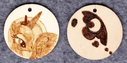 Size: 1014x507 | Tagged: artist:malte279, craft, cutie mark, derpibooru import, jewelry, pendant, princess luna, pyrography, safe, traditional art, wood