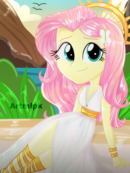 Size: 1536x2048 | Tagged: safe, artist:artmlpk, derpibooru import, fluttershy, equestria girls, adorable face, adorkable, angel, beautiful, beret, breasts, cleavage, cute, digital art, dork, goddess, grass, greek, greek goddess, greek mythology, halo, hat, looking at you, mountain, ocean, plant, shyabetes, sitting, smiling, smiling at you