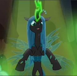 Size: 953x943 | Tagged: cropped, derpibooru import, evil grin, frenemies (episode), glowing horn, grin, horn, queen chrysalis, safe, screencap, smiling, solo