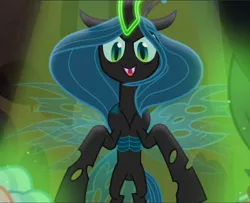 Size: 1158x940 | Tagged: cropped, derpibooru import, evil grin, frenemies (episode), glowing horn, grin, horn, open mouth, queen chrysalis, safe, screencap, smiling, solo