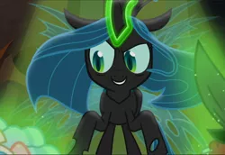 Size: 1366x940 | Tagged: cropped, derpibooru import, evil grin, frenemies (episode), glowing horn, grin, horn, queen chrysalis, safe, screencap, smiling, solo