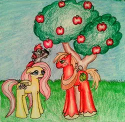 Size: 481x470 | Tagged: safe, artist:fun2berandom, derpibooru import, big macintosh, fluttershy, oc, oc:night sickle, earth pony, pegasus, pony, adopted offspring, apple, apple tree, colt, family, female, fluttermac, food, male, mare, offspring, parent:big macintosh, parent:fluttershy, parents:fluttermac, reaching out, request, shipping, stallion, straight, traditional art, tree