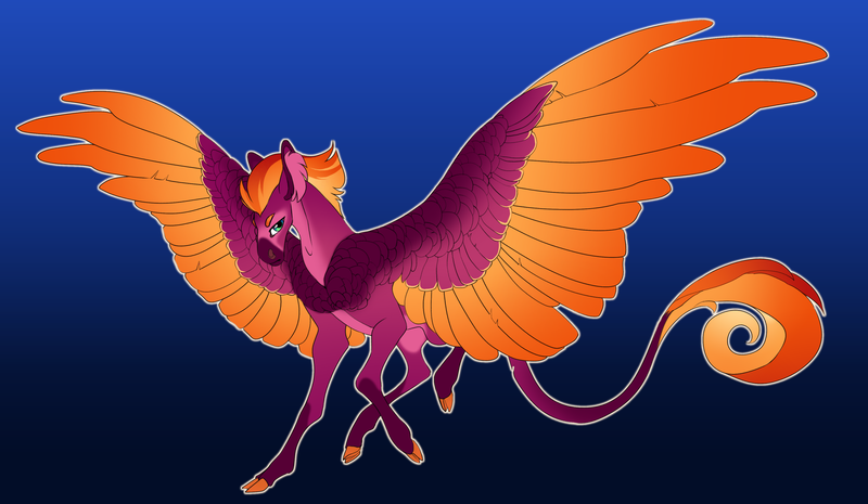 Size: 3811x2216 | Tagged: safe, artist:turnipberry, deleted from derpibooru, derpibooru import, oc, oc:firebird, unofficial characters only, pegasus, pony, blue background, chest feathers, cloven hooves, colored hooves, commission, large wings, leonine tail, magical lesbian spawn, male, offspring, parent:fluttershy, parent:sunset shimmer, parents:sunshyne, realistic horse legs, simple background, solo, spread wings, stallion, wings