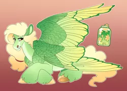 Size: 2824x2035 | Tagged: safe, artist:turnipberry, deleted from derpibooru, derpibooru import, oc, oc:dandelion jelly, unofficial characters only, pegasus, pony, brown background, chest feathers, colored hooves, commission, crossed hooves, cutie mark, magical lesbian spawn, offspring, pale belly, parent:applejack, parent:fluttershy, parents:appleshy, prone, realistic horse legs, simple background, solo, unshorn fetlocks