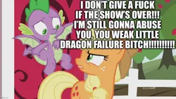 Size: 1280x720 | Tagged: safe, derpibooru import, edit, edited screencap, screencap, applejack, spike, dragon, earth pony, pony, harvesting memories, spoiler:harvesting memories, spoiler:mlp friendship is forever, 9now, abuse, angry, apple, apple tree, applejack is not amused, applejerk, caption, cowboy hat, duo, excessive exclamation marks, female, flying, food, go to sleep garble, hat, image macro, implied abuse, looking at each other, male, mare, shitposting, spikeabuse, sweet apple acres, sweet apple acres barn, text, tree, unamused, vulgar, winged spike