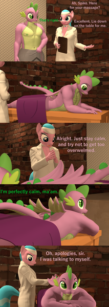 Size: 1920x5400 | Tagged: suggestive, artist:papadragon69, derpibooru import, aloe, spike, anthro, dragon, earth pony, pony, 3d, comic, dialogue, gigachad spike, massage, massage table, older, older spike, source filmmaker, stupid sexy spike, winged spike