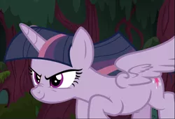 Size: 1233x845 | Tagged: cropped, derpibooru import, evil grin, flying, grin, mean twilight sparkle, safe, screencap, smiling, solo, spread wings, the mean 6, wings