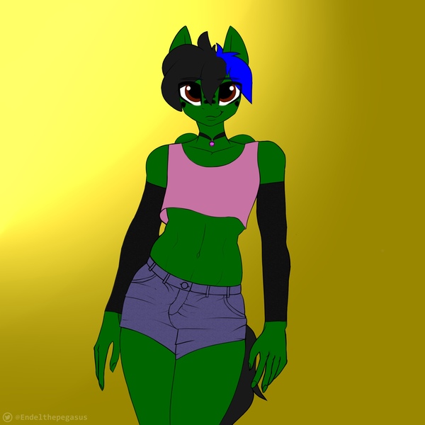 Size: 2000x2000 | Tagged: 2020, 2020s, anthro, anthro oc, artist:endelthepegasus, belly button, choker, clothes, denim shorts, derpibooru import, femboy, green fur, hazel eyes, looking at you, male, multicolored mane, oc, oc:endel frostlion, safe, shirt, shorts, short shirt, simple background, solo, tanktop, tomboy, unofficial characters only, yellow background